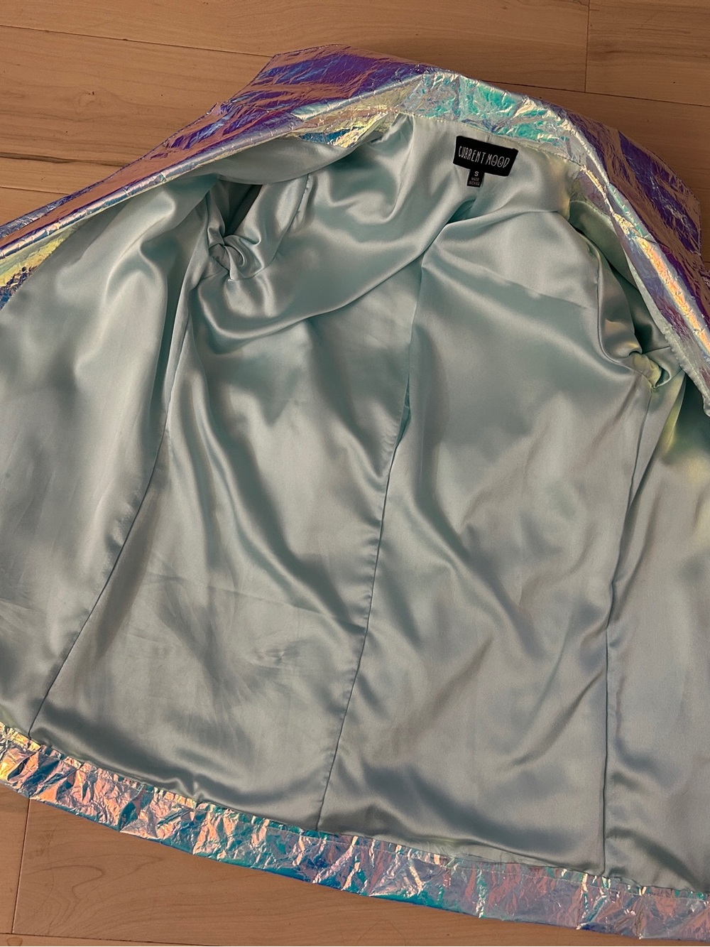 Current Mood Iridescent Holographic Unicorn Crinkle-Textured Jacket Belted Small - Picture 13 of 16